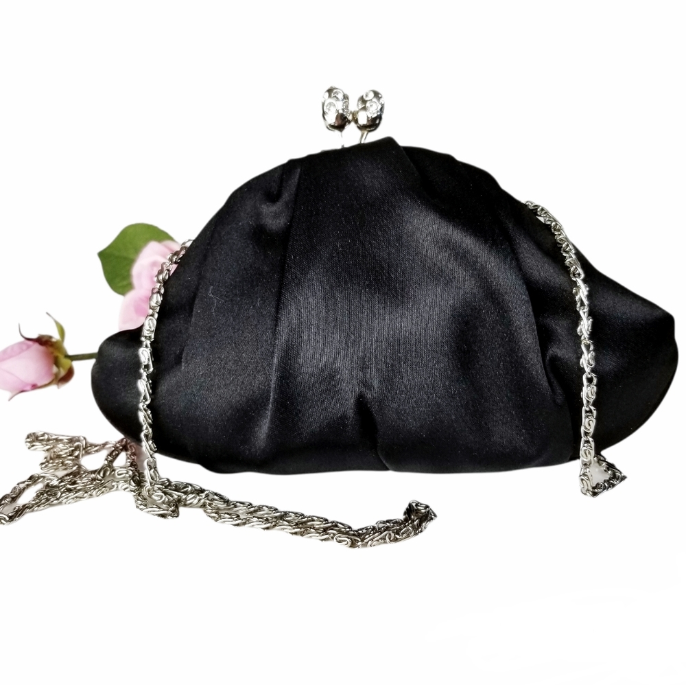 Vintage Black Satin Kisslock Frame Convertible Evening Bag EUC